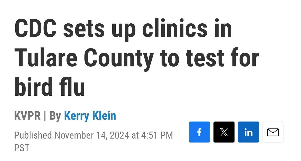 Here we go 

The CDC is gonna set up clinics in Tulare to test for H5N1 

Expect some VERY interesting results. 

#BREAKING