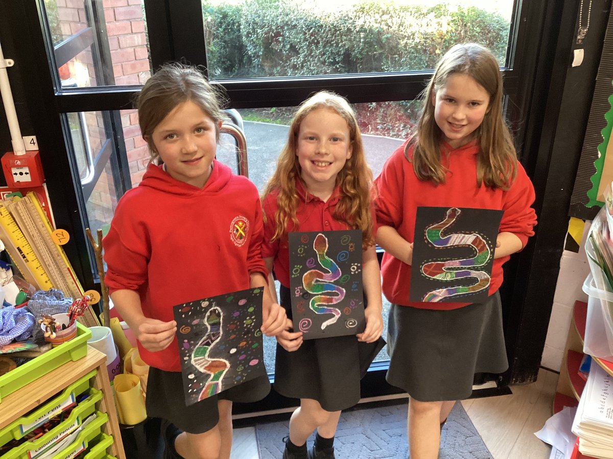 PPSMrsGooding's tweet photo. Pupils have been learning about Dreamtime Aboriginal stories and have designed beautiful ‘Rainbow Serpents,’ using traditional patterns, symbols and designs. 😃@PentrepoethPrim https://t.co/MpFbEjYybg