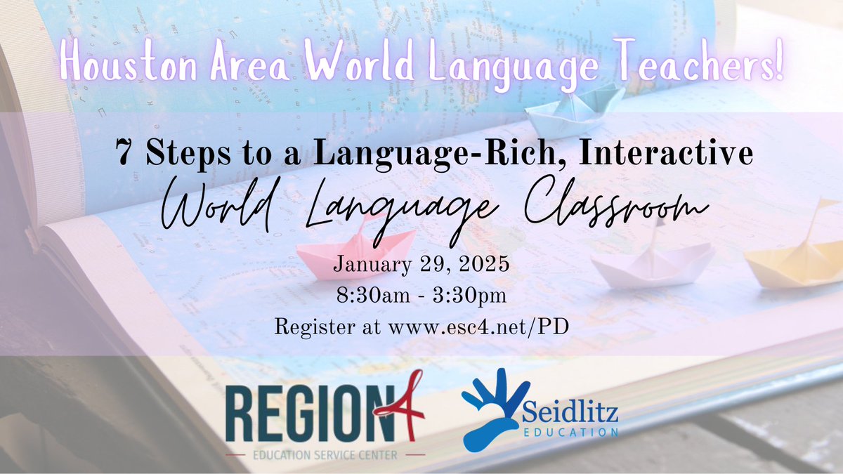 Seidlitz_Ed's tweet photo. Houston-area #WorldLanguage & #ASL Ts, we're so excited to team up w #Region4ESC to offer you #7StepsWL & #7StepsASL this January! Learn more, & register ASAP! @Region4ESC https://t.co/Z0RJ26DeNS https://t.co/Q1Ab0Nc3mY
