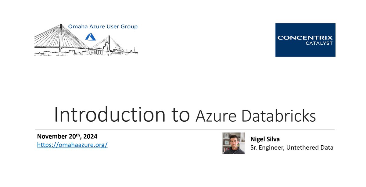 Omaha Azure User Group (@omahaazure) on Twitter photo Join us on Wednesday, November 20, at 6 PM for an exciting session on <a href="/AzureDatabricks/">Azure Databricks</a>! Don’t miss this chance to learn from Nigel Silva & connect with the community. <a href="/thePKGlobal/">PK (now Concentrix Catalyst)</a> will provide food and drinks. 🔗 RSVP & Details: omahaazure.org/omaha-azure-us…
#Azure #Microsoft Join us on Wednesday, November 20, at 6 PM for an exciting session on <a href="/AzureDatabricks/">Azure Databricks</a>! Don’t miss this chance to learn from Nigel Silva & connect with the community. <a href="/thePKGlobal/">PK (now Concentrix Catalyst)</a> will provide food and drinks. 🔗 RSVP & Details: omahaazure.org/omaha-azure-us…
#Azure #Microsoft