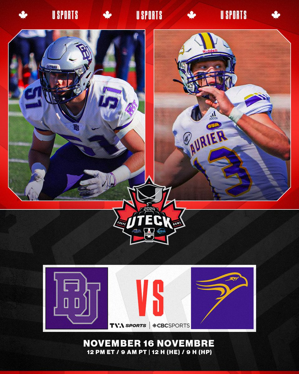 USPORTS_FB's tweet image. UTECK BOWL: LAURIER VS BISHOP’S AT 12PM ET TOMORROW 🏈

📺 Watch live on cbcsports.ca and the CBC GEM app 

COUPE UTECK : LAURIER VS BISHOP'S À 12 H (HE) DEMAIN 🏈

📺 Regardez en direct sur TVA Sports et TVA+