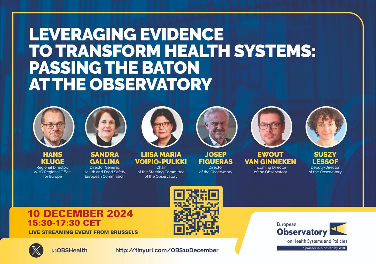 European Observatory on Health Systems & Policies (@obshealth) on Twitter photo <a href="/OBShealth/">European Observatory on Health Systems & Policies</a>'s symposium is fast approaching🌟
This interactive livestream takes place Dec 10, 15:30 CET, focusing on the evidence & knowledge-brokering needed for policy and marking the appointment of <a href="/ewoutvg/">Ewout van Ginneken</a> as <a href="/OBShealth/">European Observatory on Health Systems & Policies</a>'s new Director starting 2025.
👉eurohealthobservatory.who.int/news-room/even… <a href="/OBShealth/">European Observatory on Health Systems & Policies</a>'s symposium is fast approaching🌟
This interactive livestream takes place Dec 10, 15:30 CET, focusing on the evidence & knowledge-brokering needed for policy and marking the appointment of <a href="/ewoutvg/">Ewout van Ginneken</a> as <a href="/OBShealth/">European Observatory on Health Systems & Policies</a>'s new Director starting 2025.
👉eurohealthobservatory.who.int/news-room/even…