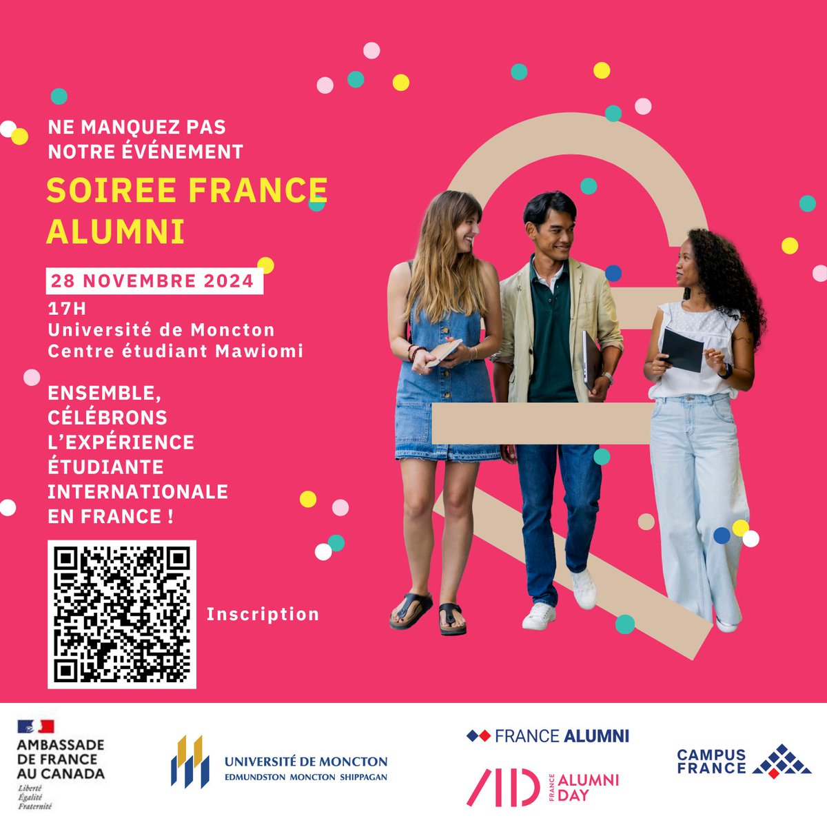 Vous êtes chaleureusement invités à la soirée France-AlUMni pour célébrer l'expérience étudiante internationale en France ! 

📅 Le 28 novembre 2024
🕔 À 17H
📍 Au Centre étudiant Mawiomi du campus de Moncton

Pour vous inscrire, scannez le code QR ! 📱