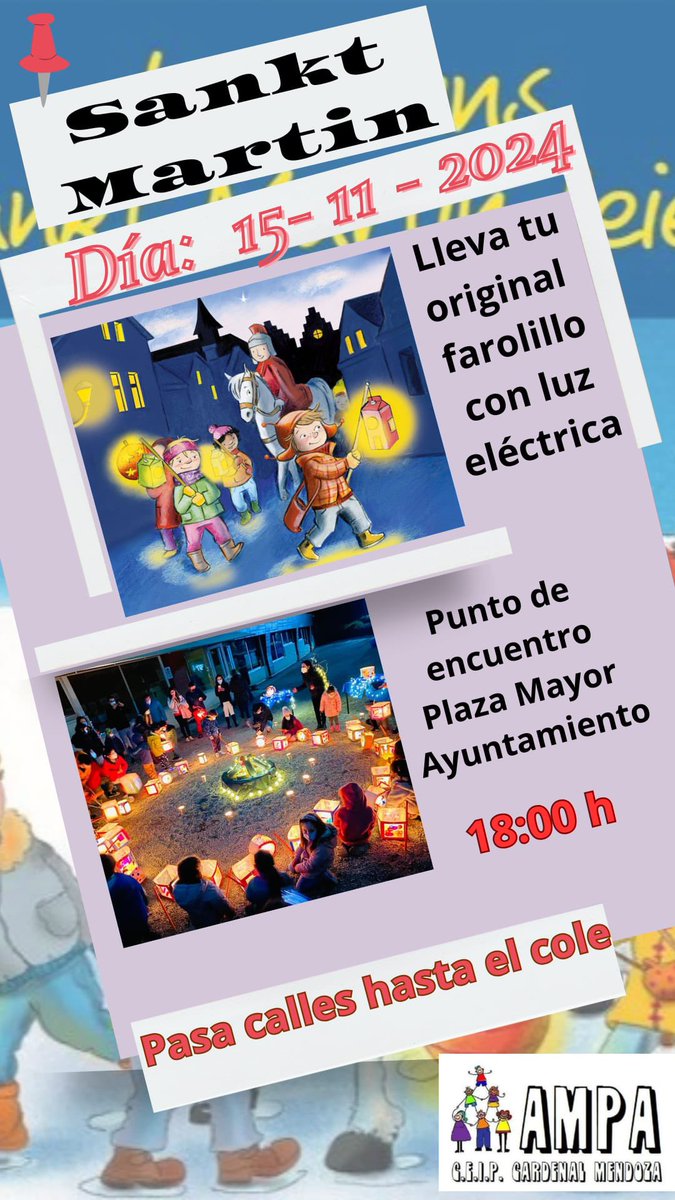 Esta tarde <a href="/AMPACMENDOZAVAL/">AMPA CardenalMendoza</a> celebra la fiesta de Sankt Martin saliendo de la Plaza Mayor para venir hasta el colegio en procesión con nuestros farolillos. Anímate 🚨🚨🕯️🕯️