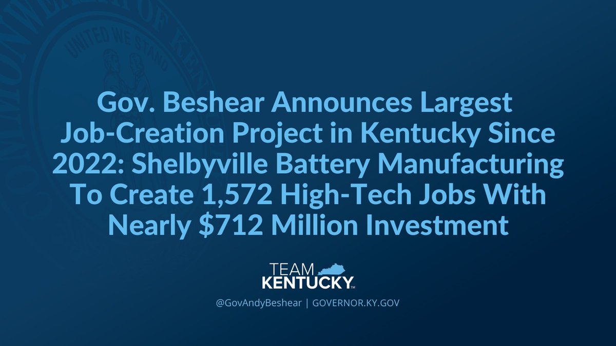 Today Gov. Beshear announced Shelbyville Battery Manufacturing is investing in Kentucky with the largest economic development project in Shelby County’s history and the largest jobs announcement in the commonwealth in more than two years.

Read more: bit.ly/3CoVdE8