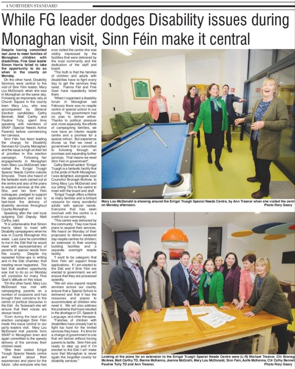 cllrcathyb's tweet photo. On Monday past, Mary Lou McDonald made time to speak to SNAP members and  visited the Errigal Truagh Special Needs Centre

The only way to get a change of Government is to vote for Sinn Féin. 

Vote to change the government. Vote Sinn Féin. https://t.co/OEQGVETdKA