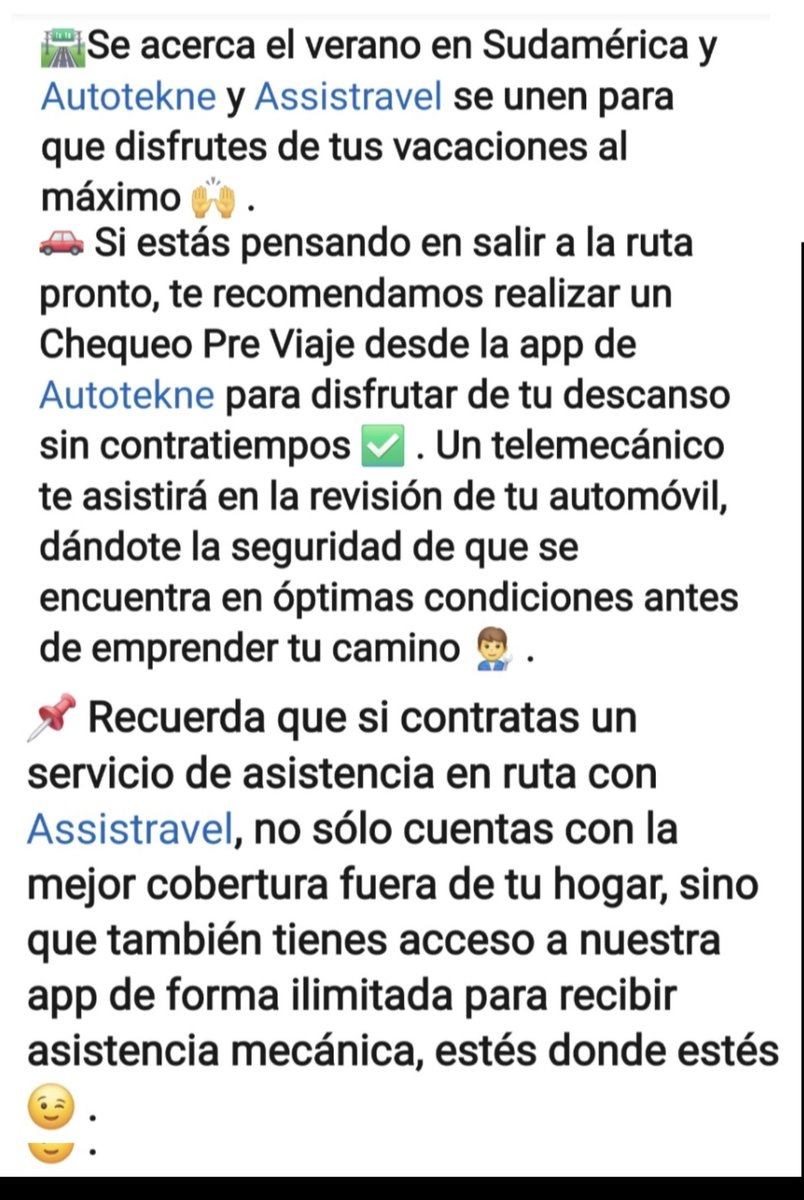 Seguro estás pensando en sacar el 🚗 a la ruta para llevar a la Flia de vacaciones.
Acá te dejo una recomendación de utilidad.
<a href="/autotekne/">Autotekne</a> + <a href="/Assistravel/">Assistravel</a> se unen para que vayas seguro y tranquilo, cubierto el 🚗 y cubierto vos.
Hacele caso a los que saben 👇👇