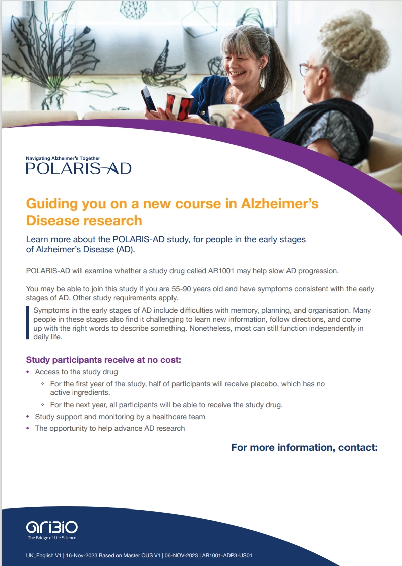 We are supporting the POLARIS study which aims at testing whether the drug AR1001 helps to slow down the progression of Alzheimer's Disease.