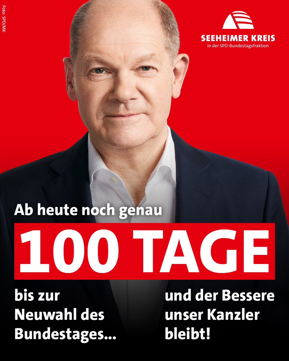 seeheimer's tweet photo. In genau 100 Tagen entscheiden die Bürgerinnen &amp; Bürger bei der Neuwahl des Deutschen Bundestages am 23.2.2025, wie es mit unserem Land politisch weitergeht. Für uns ist klar, es braucht einen Bundeskanzler, der besonnen, erfahren &amp; auch in schwierigen Zeiten verlässlich regiert. https://t.co/ZuBiMMsfvu