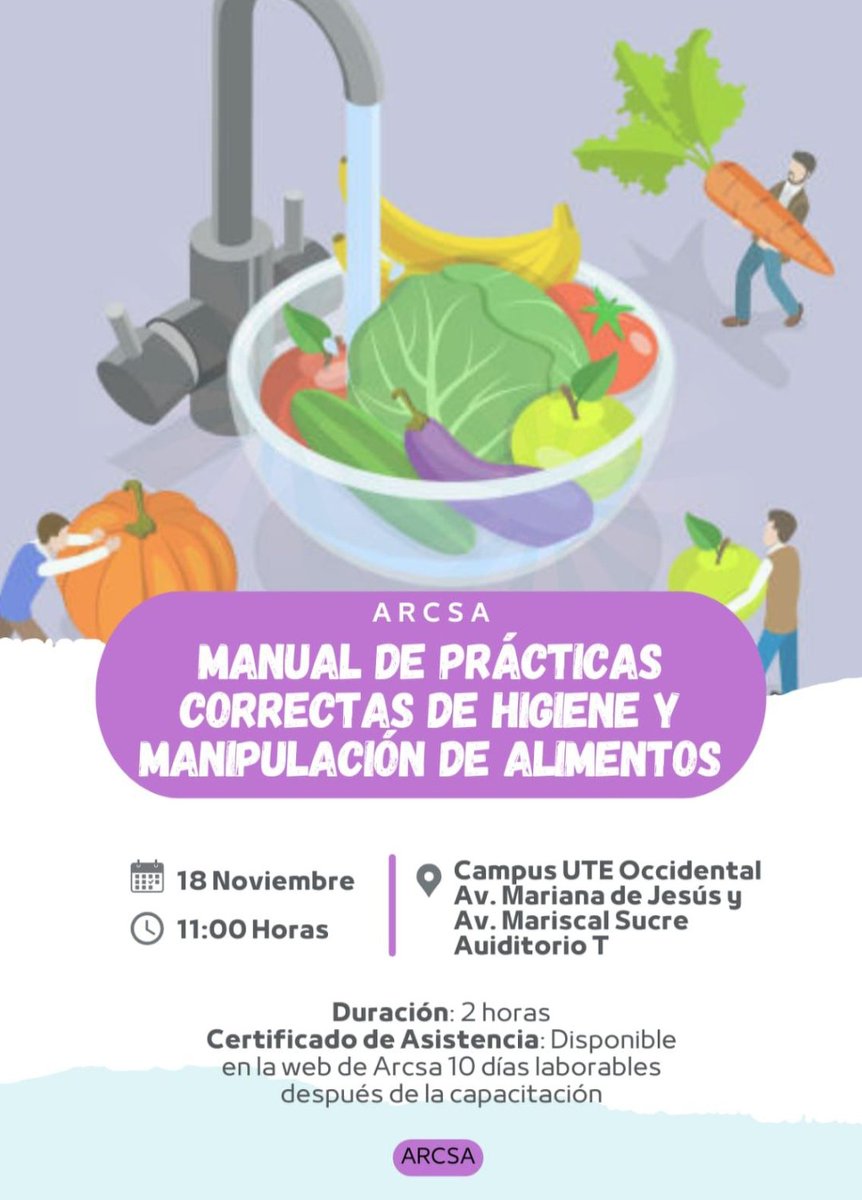 🎓🍴 ¡Fortalece tus conocimientos en Seguridad Alimentaria! 
💬 No pierdas la oportunidad de aprender de los expertos y reforzar tus conocimientos para tu formación profesional. ¡Te esperamos!
#CapacitaciónARCSA #ManipulaciónDeAlimentos #AlimentosUTE #SomosUTE