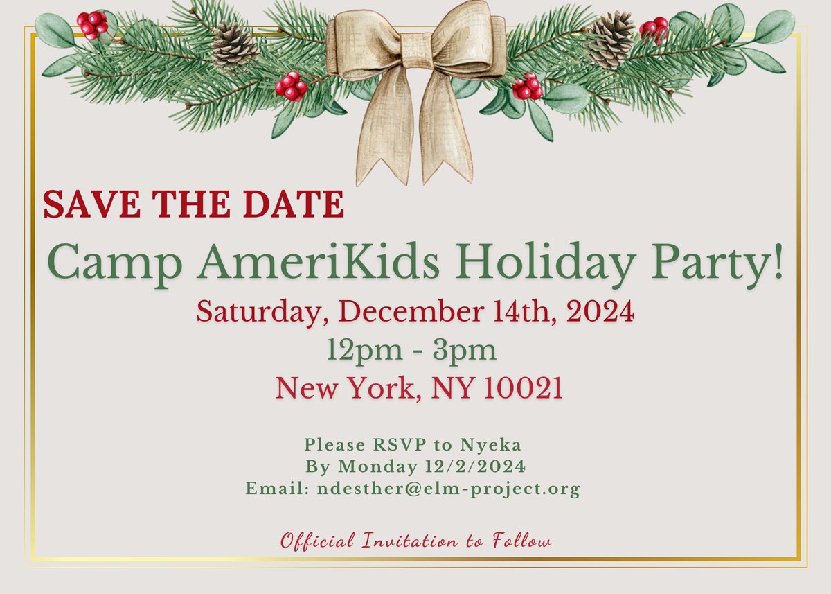 Friends and Family of The ELM Project! 
Our annual Holiday Party is set!  Please join us on Saturday, December 14th from 12pm-3pm.
RSVP to Nyeka at: ndesther@elm-project.org
We can't wait to see you there!