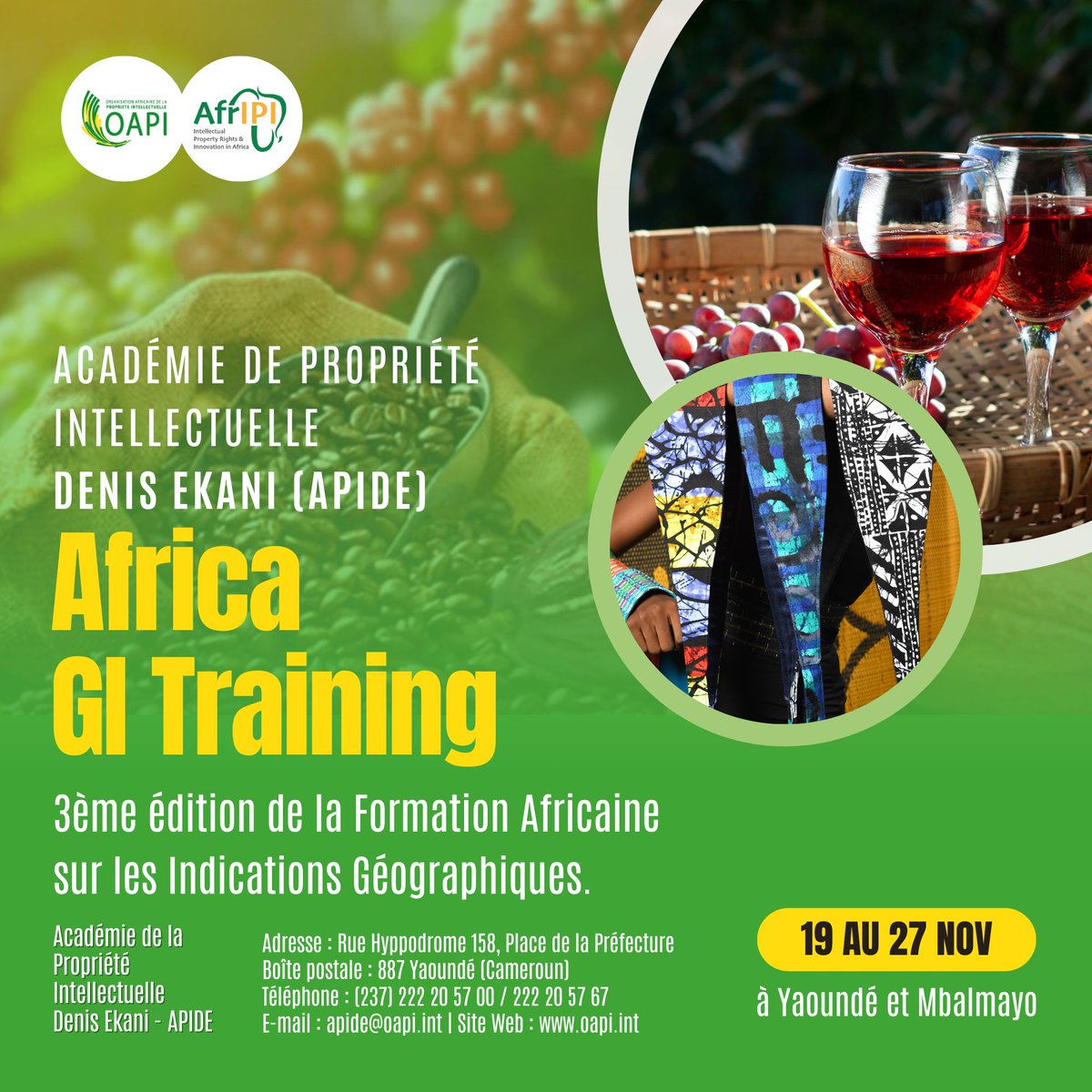 OAPI_TWIT's tweet image. L’Académie de Propriété Intellectuelle Denis Ekani (APIDE) de l&apos;OAPI, en collaboration avec le Projet Droits de Propriété Intellectuelle et Innovation en Afrique (@africaIPR ), lance  « Africa GI Training » : oapi.int/publication/ap…
#OAPI #AfriPI #APIDE #IndicationGéographique