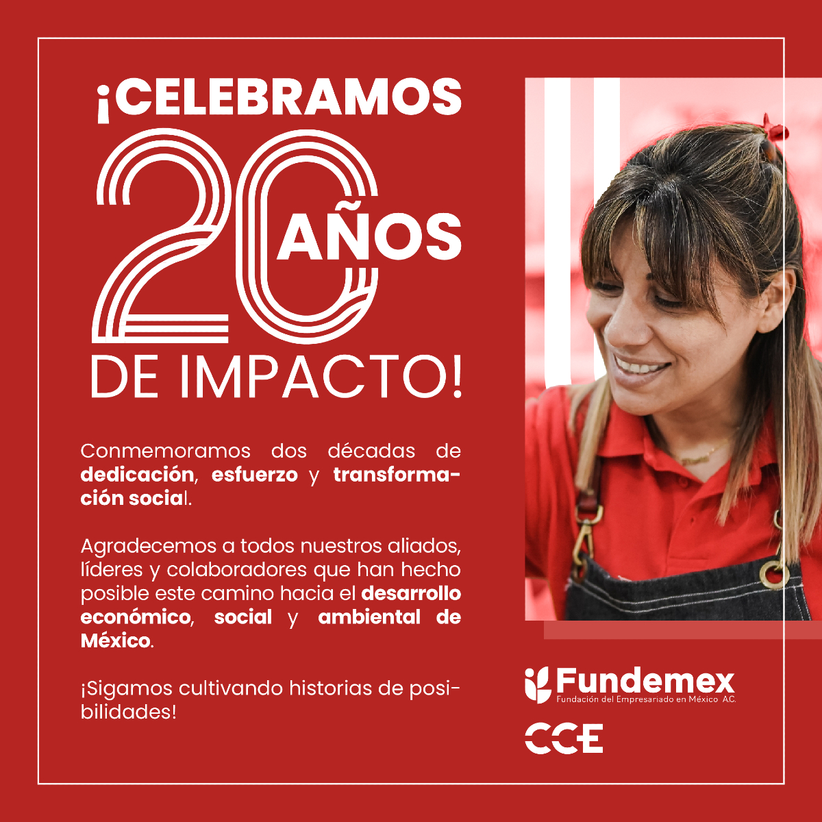 En Fundemex estamos conmemorando dos decadas de dedicación, esfuerzo y transformación social.

🌱 Cultivemos historias de posibilidades juntos.

#20añosimpactosocial #fundemex20años #brazosocialcce