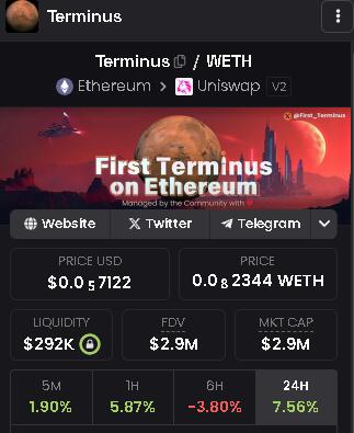 💪Let's build martians first city Terminus.🚀
✅First Terminus on Ethereum✅
✅CA:0x44E18207b6E98f4A786957954E462ed46B8C95bE✅
🌏Terminus CTO TG:t.me/Terminus
🌎Terminus CTO SITE:Terminus.vip
#Terminus #Mars