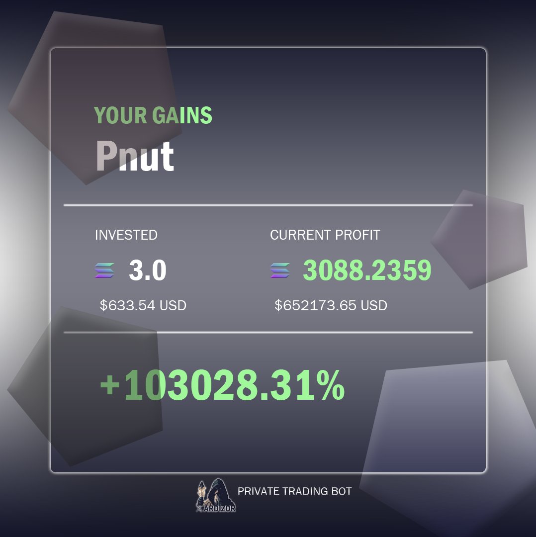 1035x since $PNUT call in my tg

You think it's impossible to catch 1000x coins this cycle?

But I've created a trading bot that finds these gems with ease like i did with:

$BRETT before it did 1168x
#MOODENG before it did 253x
$SUNCAT before it did 65x
$WIF before it did 60x