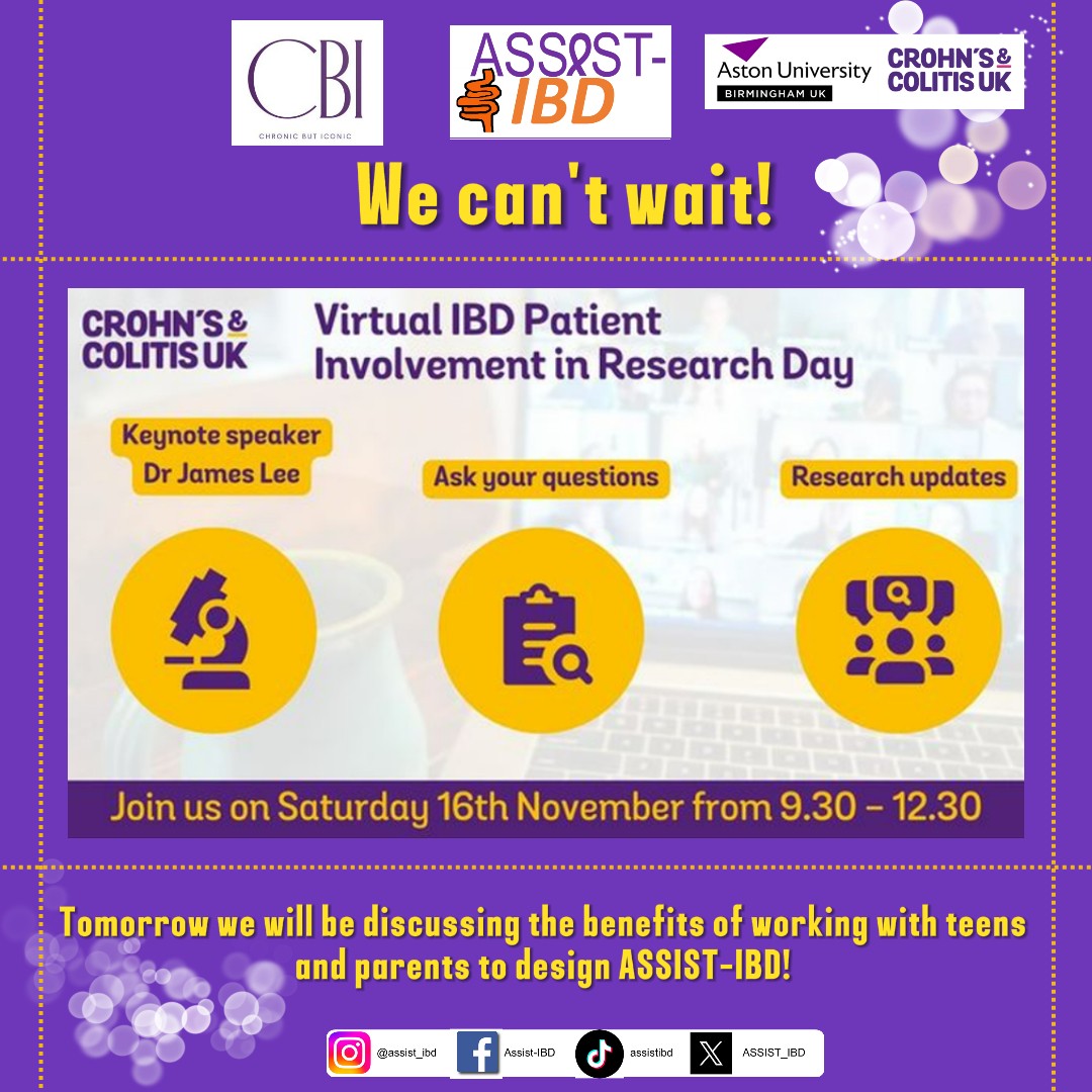 We can't wait to present the value of including young people and parents in the design of ASSIST-IBD at Crohn's &amp; Colitis UK Virtual IBD Patient Involvement in Research Day tomorrow!

#IBD #ibdawareness #crohnsandcolitisuk #colitis #crohns