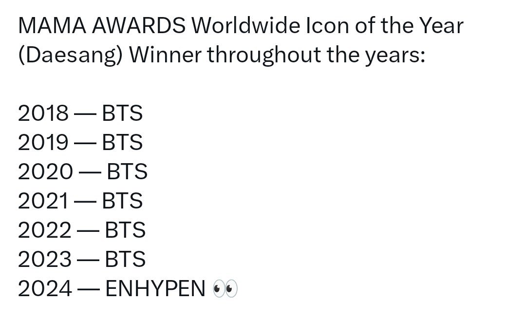 เอนจีนมุงอันนี้หากเอนไฮเพนได้แดซัง 🏆 

เอนไฮเพน จะเป็นกลุ่มเคป้อบวงที่ 2 ต่อจากรุ่นพี่ บังทัน ที่ได้รับรางวัล Worldwide Icon of the Year ในงาน MAMA 2024 และเป็นเจน 4 วงแรกที่ได้สาขานี้จากงาน MAMA เอนจีน 22 นี้สู้กันต่อ 🔥