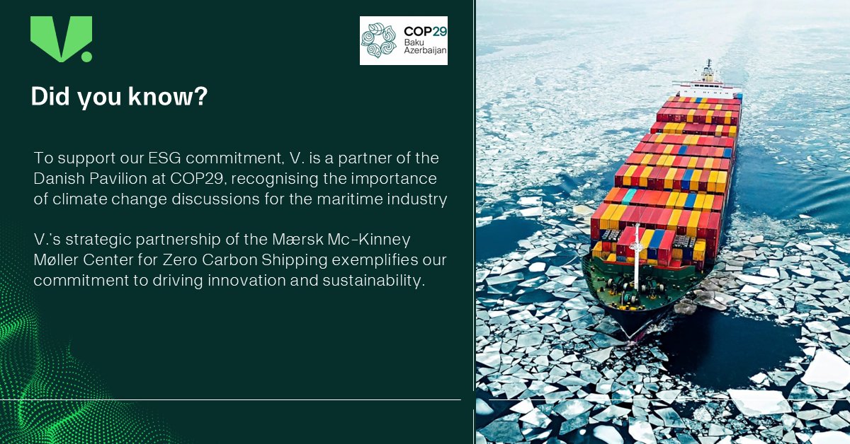 vgroupmaritime's tweet photo. To support our ESG commitment, V. is a partner of the Danish Pavilion at #COP29, recognising the importance of climate change discussions for the maritime industry.
#DidYouKnow #CommittedPartner https://t.co/oZ3XtKKrAT