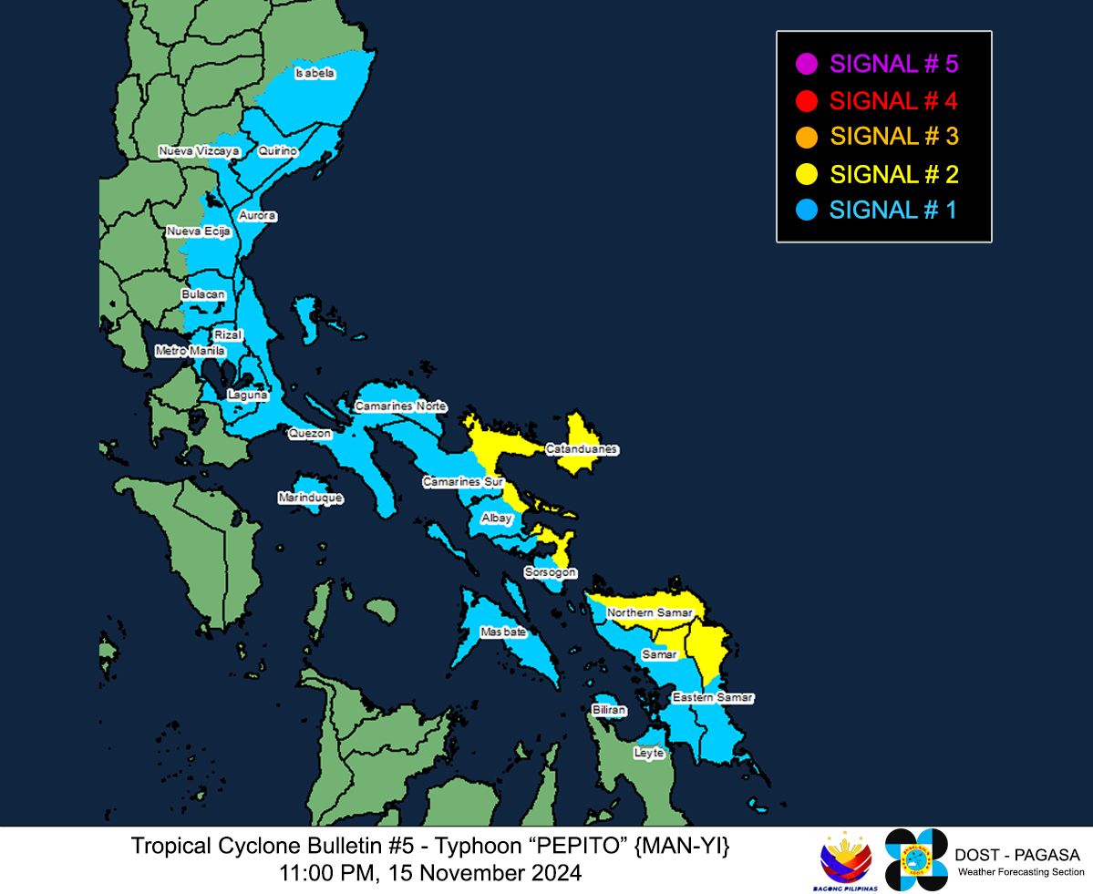 News5PH's tweet photo. Nakataas ang Tropical Cyclone Wind Signals #TCWS sa mga sumusunod na lugar sa Luzon at Visayas dahil sa Bagyong #PepitoPH, base sa 11 p.m. tropical cyclone bulletin ng DOST-PAGASA ngayong Biyernes, November 15. #News5 https://t.co/IVlERJwQiq