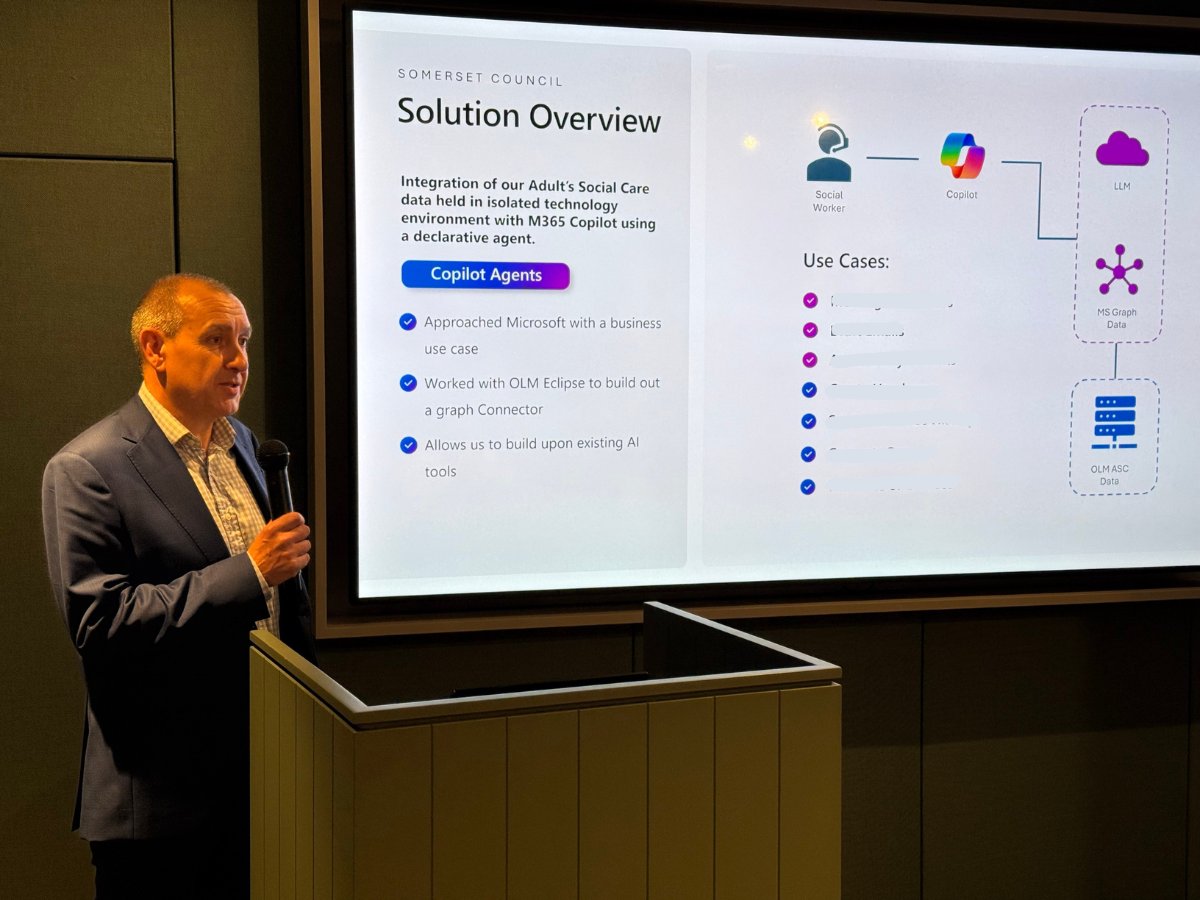 Thrilled to co-present our pioneering project with Somerset Council at the Microsoft Copilot Club in London! 🚀 Our AI Agent will soon enhance Somerset Council’s Adult Social Care, integrating with Microsoft and our case management software. Exciting times for AI in social care!