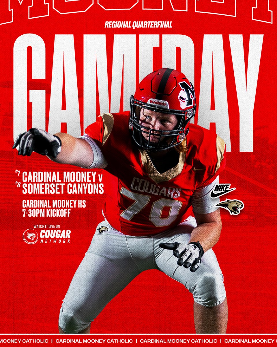Cardinal Mooney Football (@mooney_fb) on Twitter photo IT’S GAMEDAY ‼️ 7:30pm Kickoff at Home⏳
Regional Quarterfinal vs Somerset Canyons 📈
Streaming Live on CMHS Cougar Network 🎥
#CougarCulture IT’S GAMEDAY ‼️ 7:30pm Kickoff at Home⏳
Regional Quarterfinal vs Somerset Canyons 📈
Streaming Live on CMHS Cougar Network 🎥
#CougarCulture