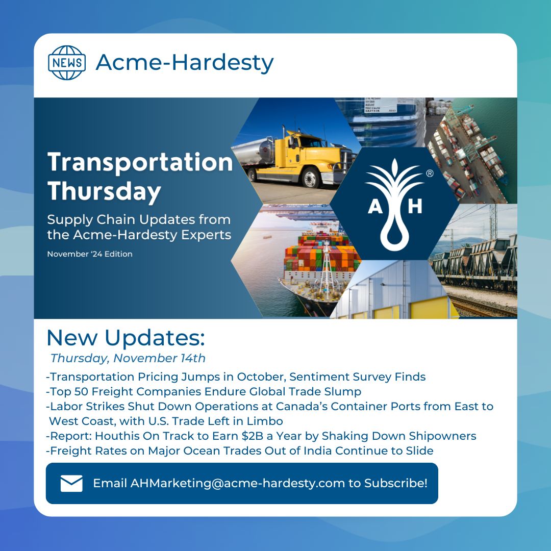 Did you catch yesterday's #TransportationThursday? It featured some crucial insights into the current and future freight landscape. If you missed it, don't worry! 📧 Email ahmarketing@acme-hardesty.com to get your copy!

#transportation #supplychain #acmehardestydistribution