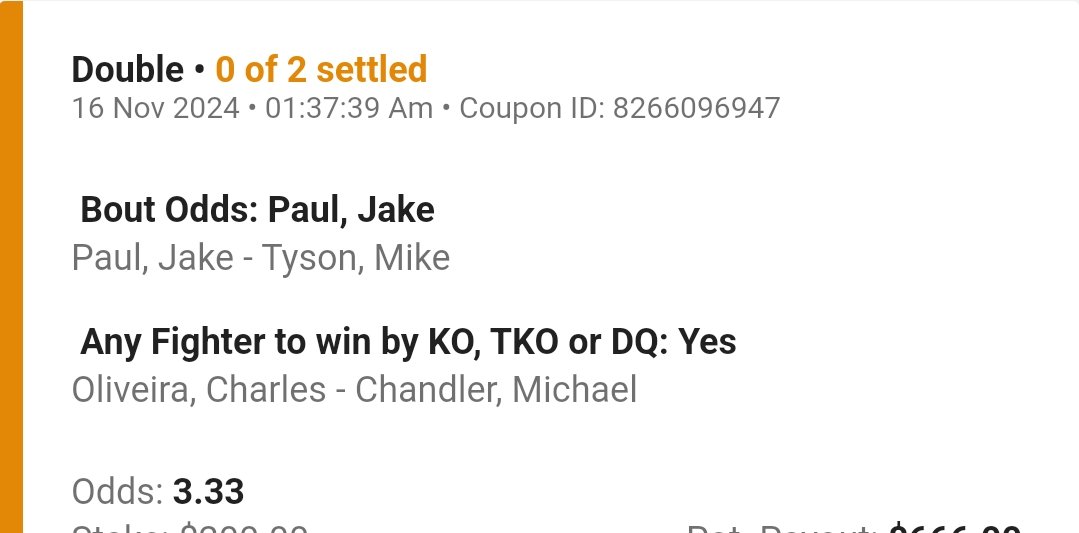 1U

Paul ML + Olivera/Chandler fight to end via KO +233

#bestbets