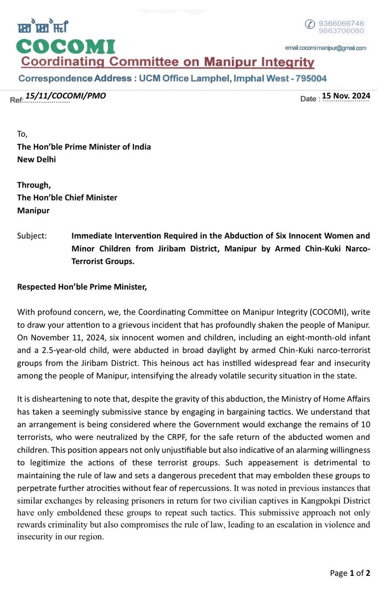 Paari_Athouba's tweet photo. Urgent Representation to the Prime Minister Regarding the Hostage Situation Involving Six Women and Minor Children (8 Months and 2.5 Years) by Foreign-Origin Chin-Kuki Armed Militants on November 11, 2024, in Jiribam District, Manipur.
@PMOIndia @ministryofhome1 @narendramodi @AmitShah @MINISTRYOFHOME2
