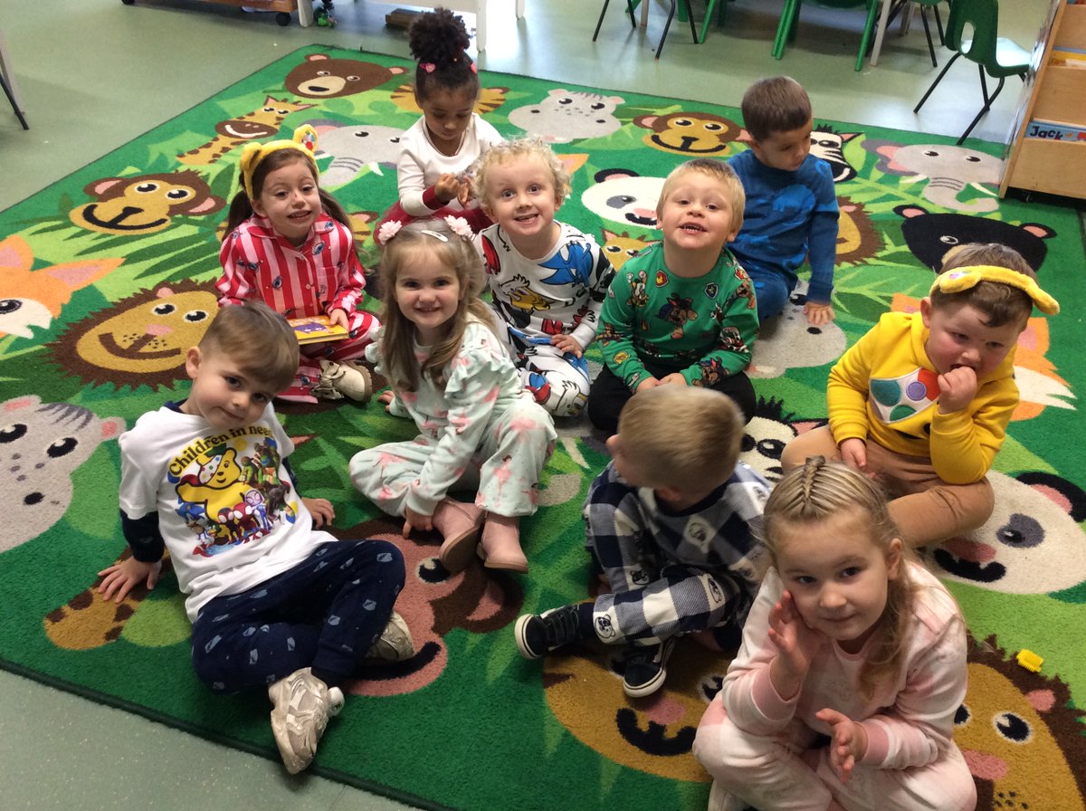 OverfieldsPri's tweet image. Nursery dressed in their pyjamas and Pudsy T-shirts for Children In Need.  We enjoyed making a bear biscuit, collaging a Pudsey bear and cutting out play dough bears. Thank you for your kind donations.