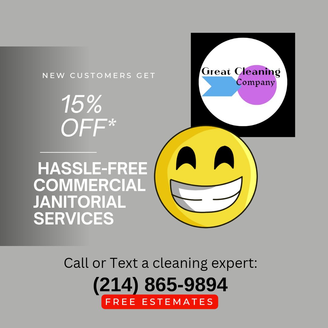 greatcleancomp's tweet image. Special Offer for Dallas-Fort Worth!

Transform your commercial office with our top-notch cleaning services. Enjoy 15% OFF your initial service all November! Mention code #TEXASFRESH24 when booking.

Let's keep your office pristine and productive!

#DallasFortWorth #CleanOffice