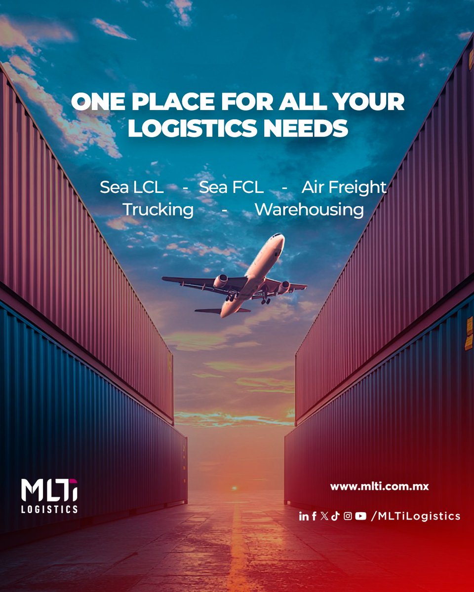 MLTi Logistics (@mltilogistics) on Twitter photo Desde transporte marítimo, aéreo, terrestre hasta la gestión integral de tu cadena de suministro, en un solo lugar tendrás todo lo que necesitas para mover tu carga de forma eficiente y segura.
mlti.com.mx
📧 hello@mlti.com.mx
#MakeItHappen #MLTiLogistics #Logística Desde transporte marítimo, aéreo, terrestre hasta la gestión integral de tu cadena de suministro, en un solo lugar tendrás todo lo que necesitas para mover tu carga de forma eficiente y segura.
mlti.com.mx
📧 hello@mlti.com.mx
#MakeItHappen #MLTiLogistics #Logística