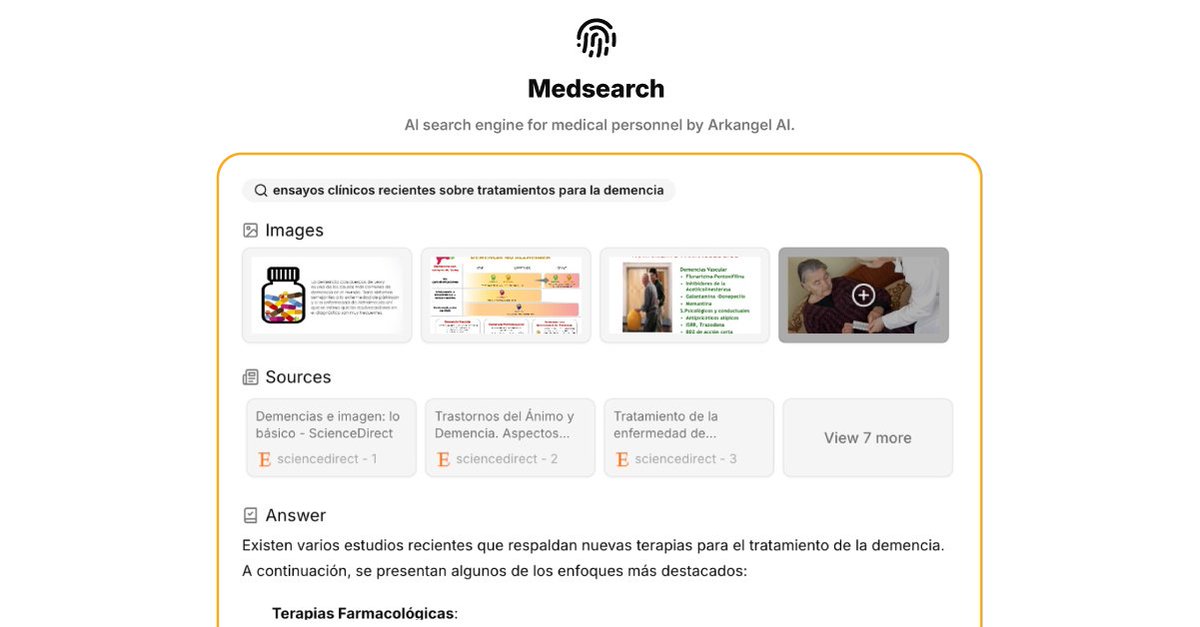arkangel_ai's tweet photo. 🧠 ¿Qué estudios respaldan el tratamiento de demencia con nuevas terapias? Consulta resultados recientes haciendo esa muchas más preguntas en MedSearch.