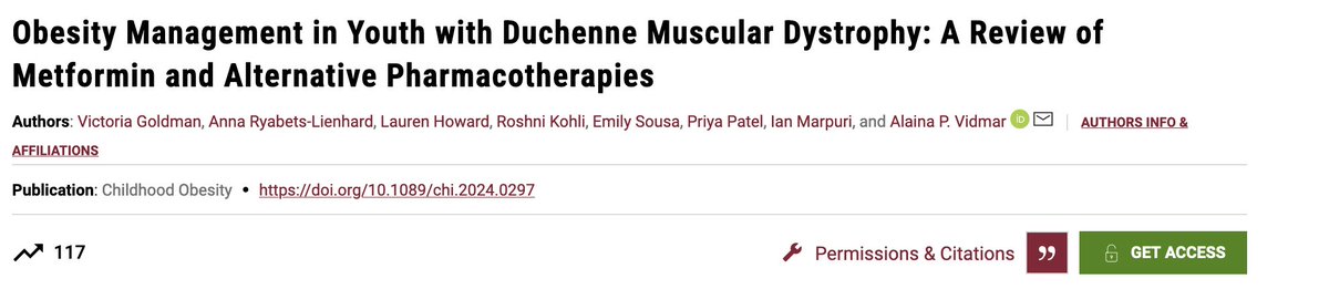 Obesity Management in Youth with Duchenne Muscular Dystrophy: A Review of Metformin and Alternative Pharmacotherapies, published in <a href="/ChildObesity_jn/">Childhood Obesity</a> 

Link to pub: liebertpub.com/doi/10.1089/ch…