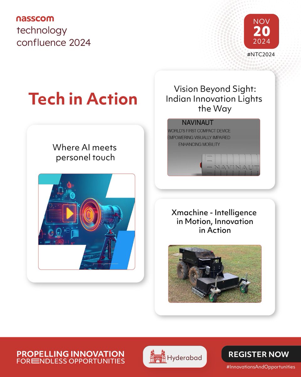 nasscom_member_'s tweet photo. Be part of the most intriguing tech-in-action sessions at #NTC2024 Hyderabad that promise to leave you awe-inspired and filled with curiosity.

T Ravi Kiran, Founder & CEO of @alieninovations  Innovations, will present "Vision Beyond Sight: Indian Innovation Lights the Way."

Santosh Thota, CEO of @personaliz_ai , will deliver "Where AI Meets Personal Touch."

Trivikram Kumar, Founder & CEO of @xmachinesai , will share insights in "Xmachine: Intelligence in Motion, Innovation in Action."

Don’t miss this extraordinary opportunity to engage with change-makers and their groundbreaking innovations!

🗓️️20 November 2024 - Hyderabad

Register Now - https://t.co/46To4WT1ju

#InnovationsAndOpportunities #NTC2024 #10Cities #PropellingInnovation #EndlessOpportunities #IntelligentSolutions #Innovate #FutureOfTech #TechRevolution #TechHubIndia #NextGenTech #ArtificialIntelligence #TechLeadership #DigitalTransformation #JoinTheJourney #Speakers #nasscom