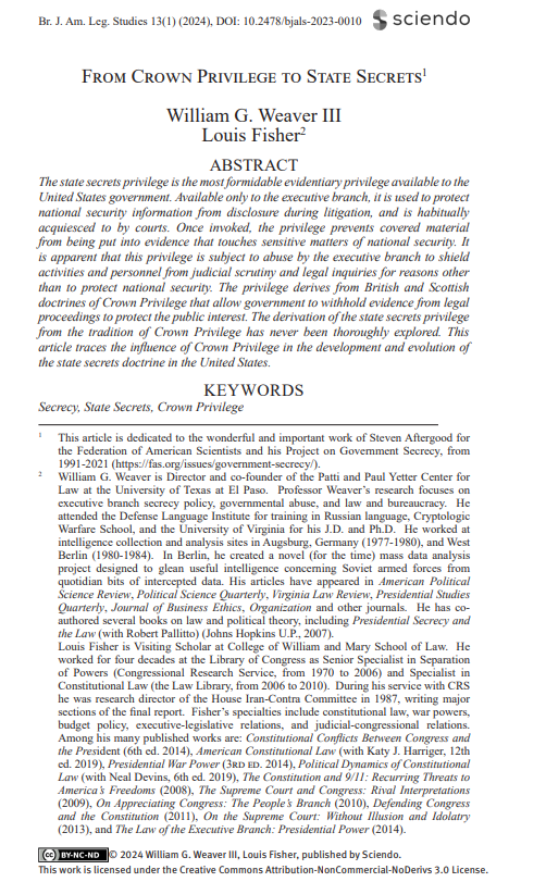 #newlawrevarticles Professors Weaver and Fisher's article delves deep into the traces of the influence of Crown Privilege in the development and evolution of the state secrets doctrine in the United States.

Available here: bcuassets.blob.core.windows.net/docs/bjals-131…