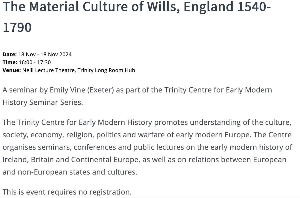 VOICES_ERC (@voices_tcd) on Twitter photo Next week we're excited to welcome <a href="/EmilyMayVine/">Dr Emily Vine - find me @emilymayvine.bsky.social</a> to the <a href="/EarlyTcd/">TCD Early Modern History</a> seminar <a href="/TLRHub/">Trinity Long Room Hub</a> to deliver a paper about wills in early modern England and her work on the <a href="/materialwills/">The Material Culture of Wills Project</a> project. Chaired by <a href="/BA_McShane/">Dr Bronagh Ann McShane</a> - join us at 4pm on Monday if you can. Next week we're excited to welcome <a href="/EmilyMayVine/">Dr Emily Vine - find me @emilymayvine.bsky.social</a> to the <a href="/EarlyTcd/">TCD Early Modern History</a> seminar <a href="/TLRHub/">Trinity Long Room Hub</a> to deliver a paper about wills in early modern England and her work on the <a href="/materialwills/">The Material Culture of Wills Project</a> project. Chaired by <a href="/BA_McShane/">Dr Bronagh Ann McShane</a> - join us at 4pm on Monday if you can.