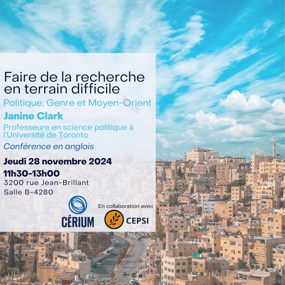 CÉRIUM (@ceriudem) on Twitter photo 😍 Nous poursuivons notre populaire cycle de conférences sur la recherche en terrain difficile avec Janine Clark <a href="/UofT/">University of Toronto</a> (en anglais), spécialiste de la politique comparée sur le Moyen-Orient & l’Afrique du Nord.
Jeudi 28 nov, 11h30 à 13h !
S'inscrire : cerium.umontreal.ca/nouvelles-et-e… 😍 Nous poursuivons notre populaire cycle de conférences sur la recherche en terrain difficile avec Janine Clark <a href="/UofT/">University of Toronto</a> (en anglais), spécialiste de la politique comparée sur le Moyen-Orient & l’Afrique du Nord.
Jeudi 28 nov, 11h30 à 13h !
S'inscrire : cerium.umontreal.ca/nouvelles-et-e…