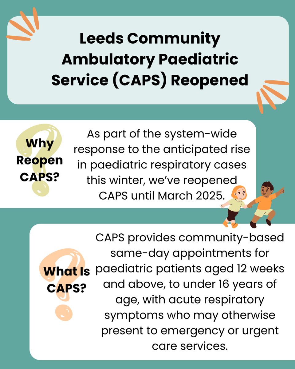 LeedsGp's tweet photo. 📢 Did you know that our highly commended Leeds Community Ambulatory Paediatric Service (CAPS) has reopened in the lead up to winter?

Have a look below for more information about the service and key updates!
For more details visit our website here 👇https://t.co/n4ZDwzey0H https://t.co/TLgnrllDN9
