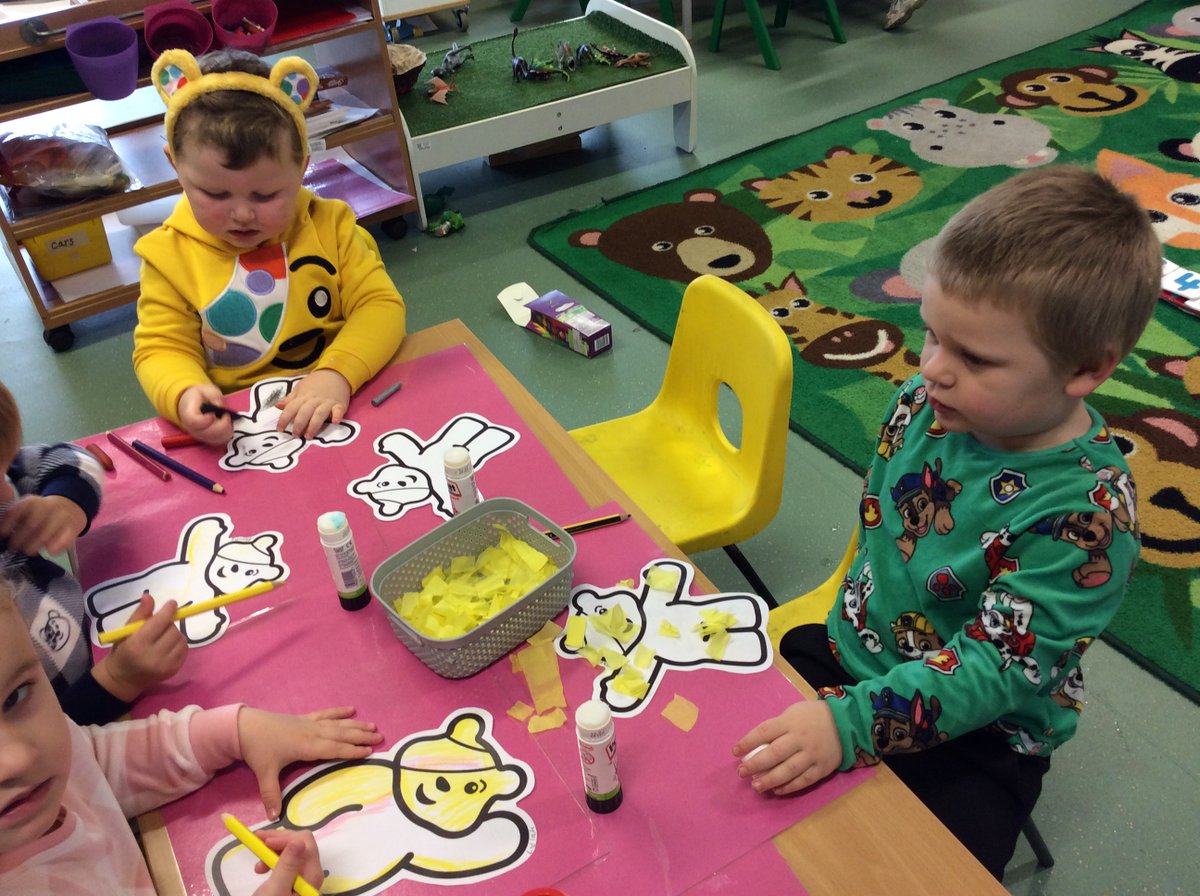 OverfieldsPri's tweet image. Nursery dressed in their pyjamas and Pudsy T-shirts for Children In Need.  We enjoyed making a bear biscuit, collaging a Pudsey bear and cutting out play dough bears. Thank you for your kind donations.