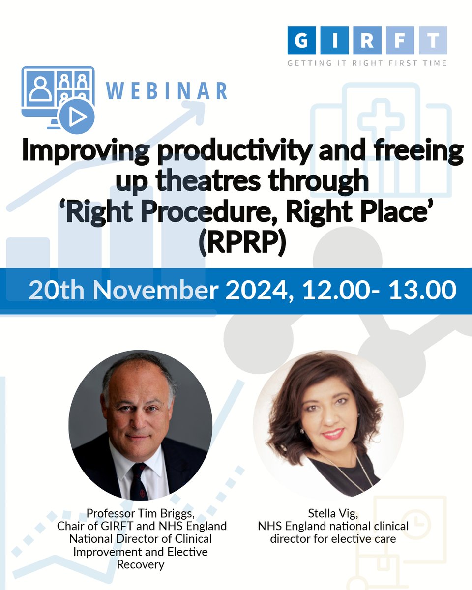 Clinicians and operational managers – are you familiar with GIRFT’s Right Procedure, Right Place guidance?

Join this GIRFT webinar to hear how you can free up theatre space and help reduce surgical waiting lists

20/11 @ 12.00

Register now: bit.ly/3ClJ9n3