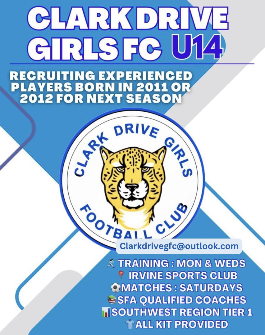 🚨 Clark Drive Girls F.C. U14

Recruiting  experienced players born in 2011 or 2012 for next season. 

⬇️