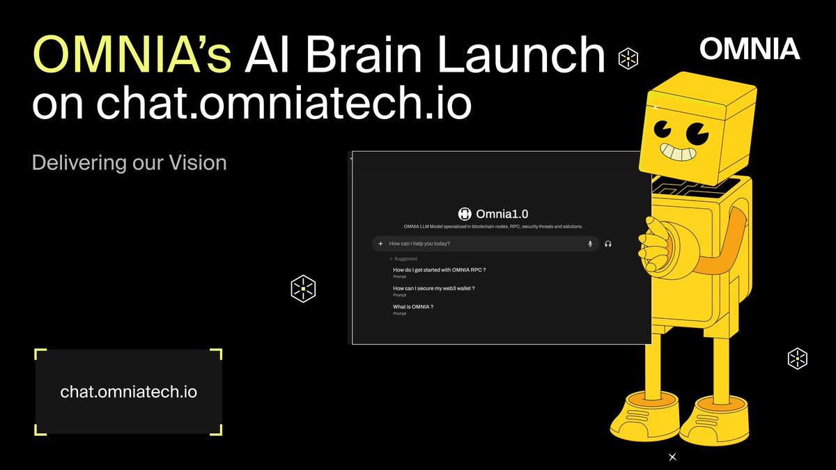 1/ OMNIA is excited to announce the launch OMNIA AI Brain at chat.omniatech.io 🧠

The next step towards the vision we promised on Nov 5th - we’re serious about turning smart ideas into reality - setting the stage for #AI-driven decentralization.

Let's dive into it👇🧵