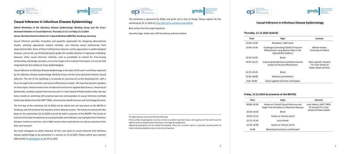 Clinical Epi Group at University of Münster (@clinicalepi) on Twitter photo Interested in causal inference and #IDEpi? Come and join the @DGEpi and <a href="/gmdsEV/">GMDS e.V.</a> IDEpi’s working group workshop in Hamburg on December 12th & 13th. With <a href="/mlipsitch/">Marc Lipsitch</a> of <a href="/HarvardChanSPH/">Harvard T.H. Chan School of Public Health</a> , #WillHulme of <a href="/UniofOxford/">University of Oxford</a> and <a href="/UweSiebert9/">Uwe Siebert</a> of <a href="/UMIT_University/">UMIT TIROL - Die Tiroler Privatuniversität</a>!
👉 bit.ly/CausalInferenc… Interested in causal inference and #IDEpi? Come and join the @DGEpi and <a href="/gmdsEV/">GMDS e.V.</a> IDEpi’s working group workshop in Hamburg on December 12th & 13th. With <a href="/mlipsitch/">Marc Lipsitch</a> of <a href="/HarvardChanSPH/">Harvard T.H. Chan School of Public Health</a> , #WillHulme of <a href="/UniofOxford/">University of Oxford</a> and <a href="/UweSiebert9/">Uwe Siebert</a> of <a href="/UMIT_University/">UMIT TIROL - Die Tiroler Privatuniversität</a>!
👉 bit.ly/CausalInferenc…