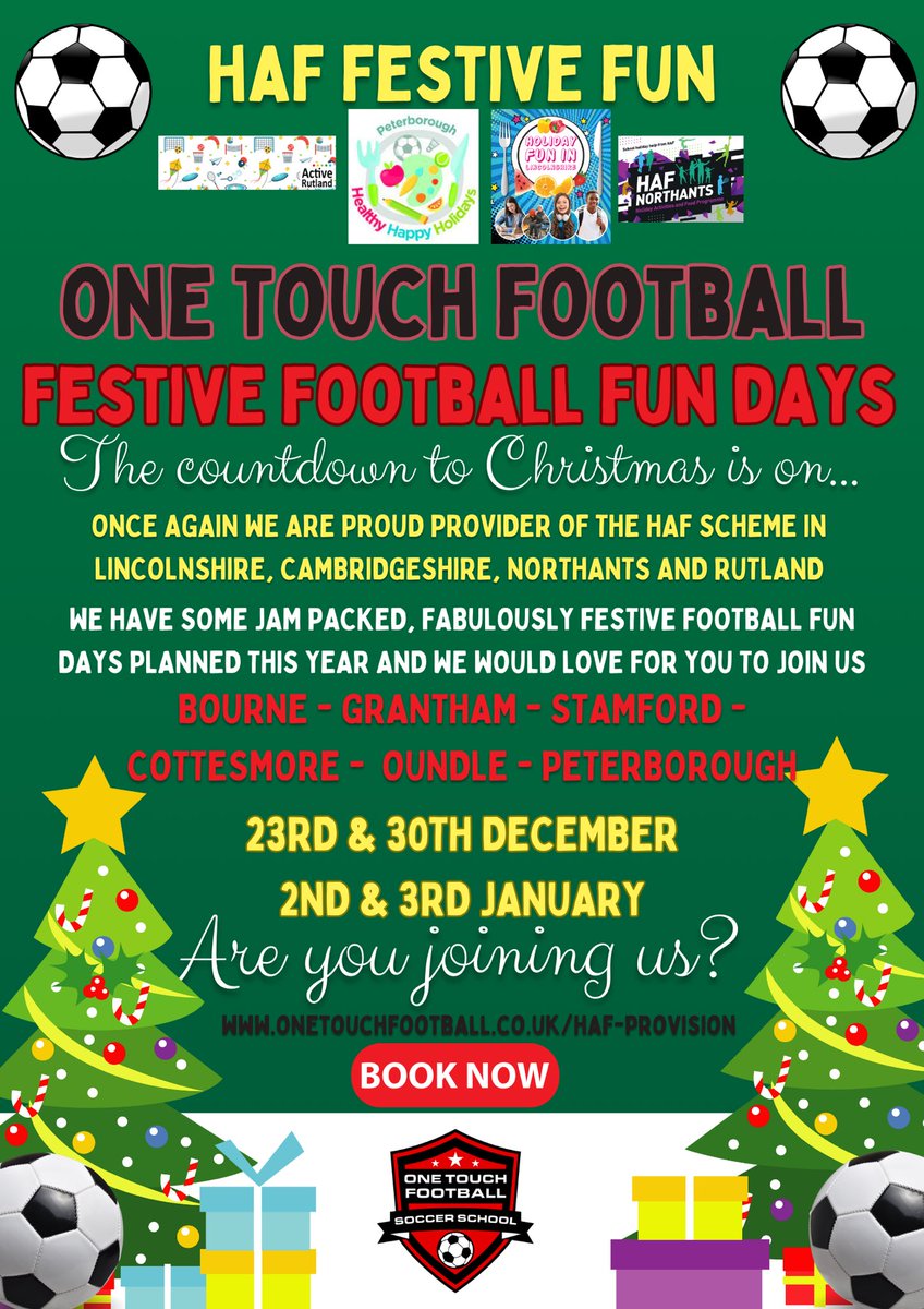 Winter HAF booking go live next week! 

Eligible for 🆓 school meals you can join us for 🆓 football, enrichment  activities and a healthy lunch! 
⚽️🥗

More information &amp; how to book please visit ⤵️
onetouchfootball.co.uk/haf-provision/

<a href="/ActiveRutland/">Living Well Active Rutland</a> <a href="/LincolnshireCC/">Lincolnshire County Council</a> <a href="/PeterboroughCC/">Peterborough City Council</a> <a href="/Nsport/">Northamptonshire Sport</a>