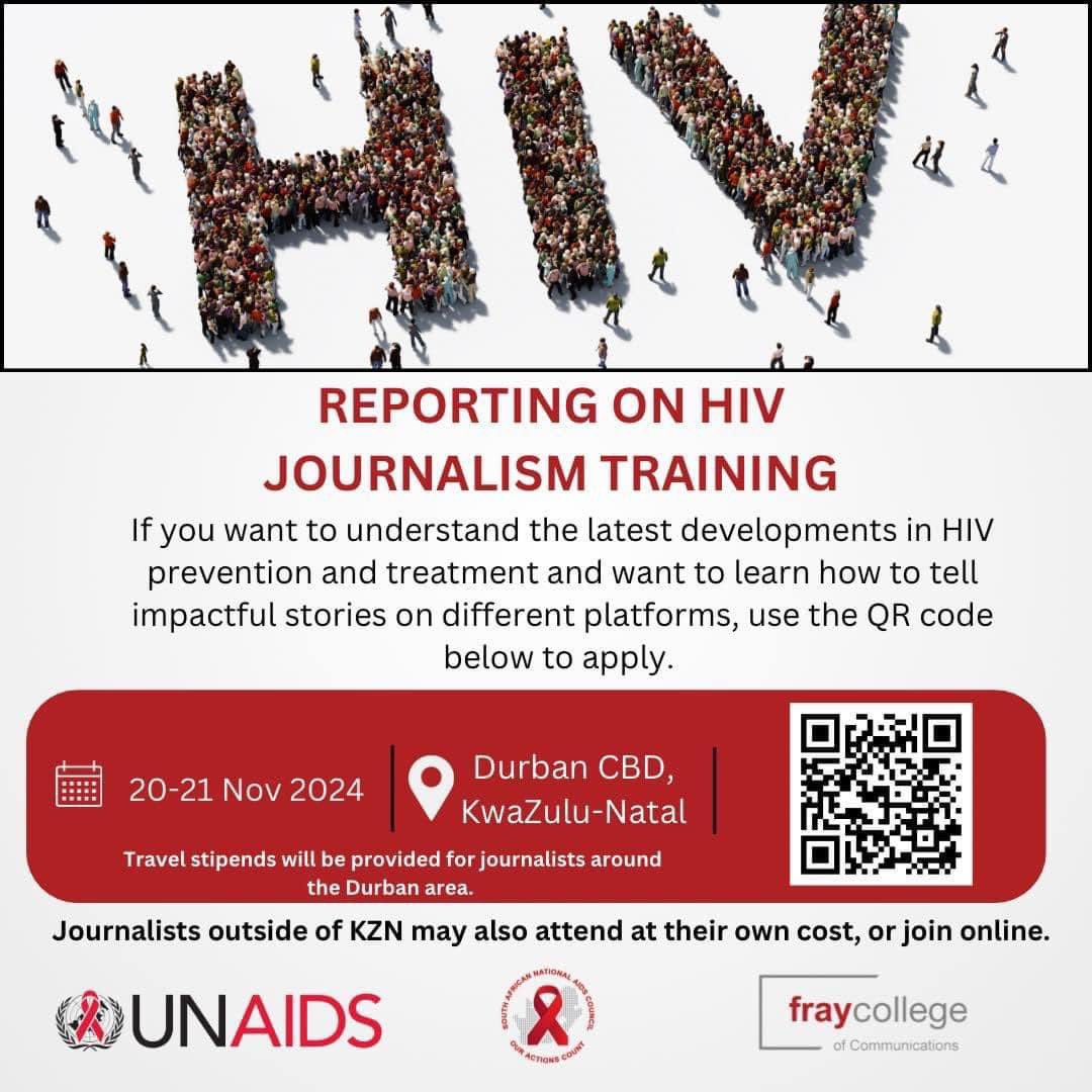 fraycollege's tweet photo. KZN journalists: Apply now for HIV reporting training in Durban (Nov 20-21). Travel stipends available for locals! Apply today! ⬇️ https://t.co/7LWDTAEaSb