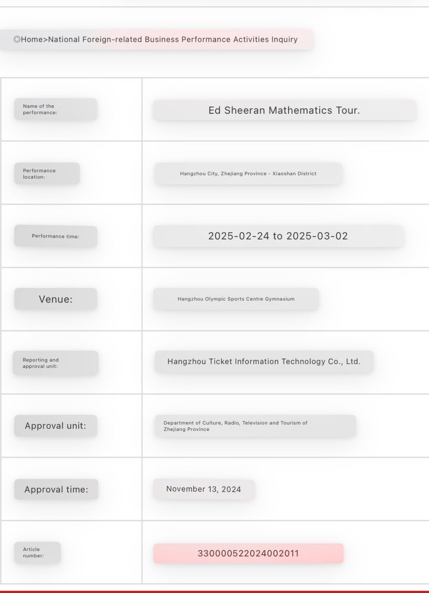EdSheeranVN's tweet photo. Dates for Mathematics Tour in China have been approved by the country’s Ministry of Culture and Tourism on Nov 13, 2024. The shows will be held at Hangzhou Olympics Sport Centre Gymnasium from Feb 24 - Mar 2, 2025. 

 #edsheeran #mathematicstour 

©️EdSheeranHuang on Weibo https://t.co/CtxICnW9Yf