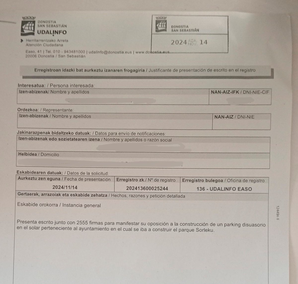 Udalean erregistratu genituen Sorleku parkea eraikitzeko eskatzeko bildu ziren 2550 sinadurak, Udalbatzak egiteko konpromisoa hartu zuen bezala. Atzo, halaber, Goiaren gobernuak adierazi zuen ez duela proiektu horretarako dirurik bideratuko. Argi dago zer garrantzi gutxi dugun.