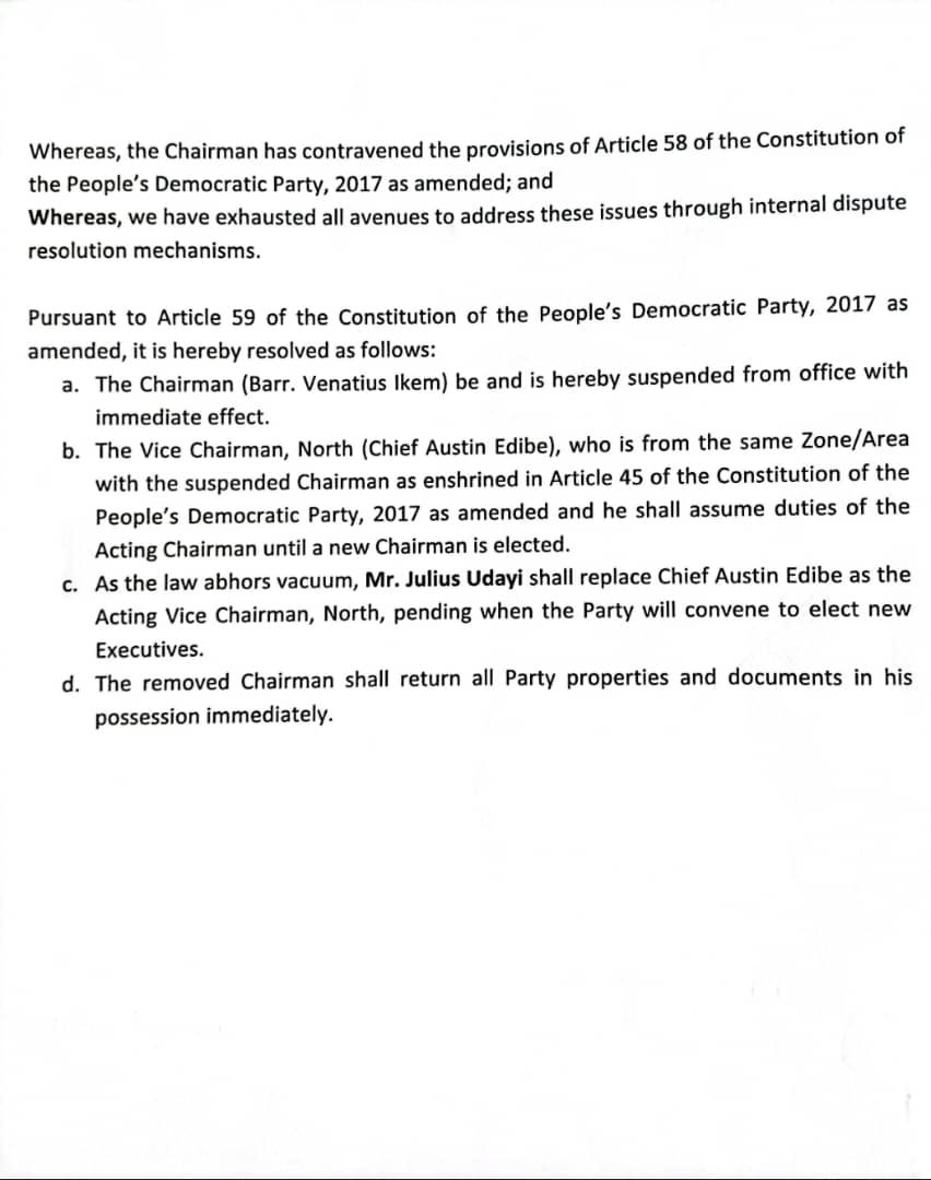 PDP_CRS's tweet photo. RESOLUTION TO SUSPEND THE STATE CHAIRMAN OF PEOPLE'S DEMOCRATIC PARTY (PDP) CROSS RIVER STATE CHAPTER

The State Executive Committee of the People's Democratic Party (PDP), Cross River State Chapter, suspends Barr. Vena Ikem as State Chairman. https://t.co/YZKrVi4xsR