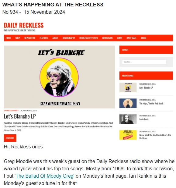 Daily_Reckless's tweet photo. This week's free Daily Reckless newsletter featuring @gregmoodie.bsky.social, Sex Pistols, Robert Louis Stevenson, The Fall with Michael Jackson and Half Bam Half Whisky's new album. https://t.co/SSWcya9EQF https://t.co/sqgHuk3Jxz