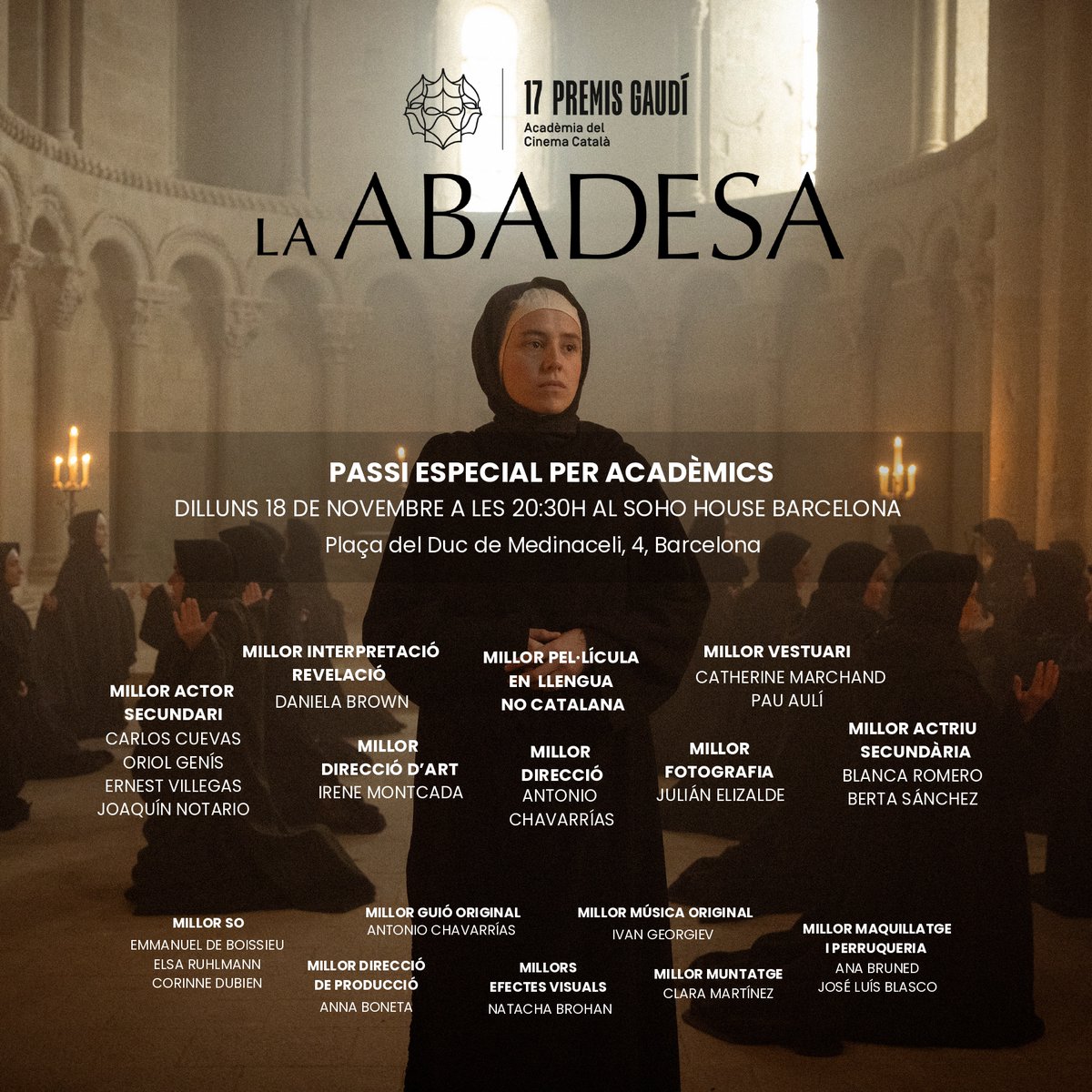 oberonmedia (@oberon_media) on Twitter photo Acadèmic/a, si encara no has vist #LaAbadesa, vine al passi especial de dilluns 18 al SOHO HOUSE DE BARCELONA a les 20:30h 🍿🎬. Confirma la teva assistència a produccion@oberonmedia.eu. T’hi esperem amb ganes! ✨ <a href="/academiacinecat/">Acadèmia del Cinema Català – Premis Gaudí</a> Acadèmic/a, si encara no has vist #LaAbadesa, vine al passi especial de dilluns 18 al SOHO HOUSE DE BARCELONA a les 20:30h 🍿🎬. Confirma la teva assistència a produccion@oberonmedia.eu. T’hi esperem amb ganes! ✨ <a href="/academiacinecat/">Acadèmia del Cinema Català – Premis Gaudí</a>